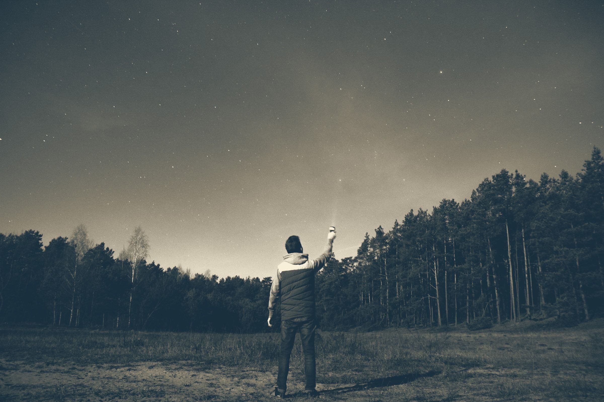 A person standing in an open field, looking up toward the sky.